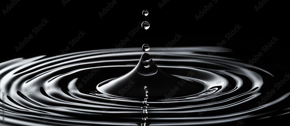 Poster close-up of a water droplet creating ripples on a dark surface with vibrant reflections highlighting