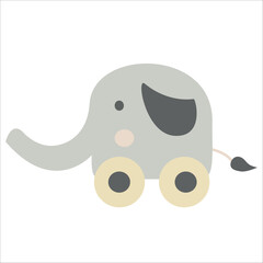 Vector cute illustration of elephant toy on wheels. Children's toy isolated on white background 