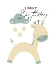 Vector cute children birthday card with little giraffe and eagle with stars. Vector illustration of cute little giraffe.	