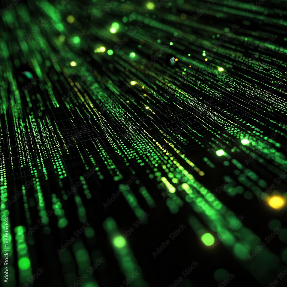 Poster digital matrix-inspired background featuring cascading green code on a black backdrop, with glowing 