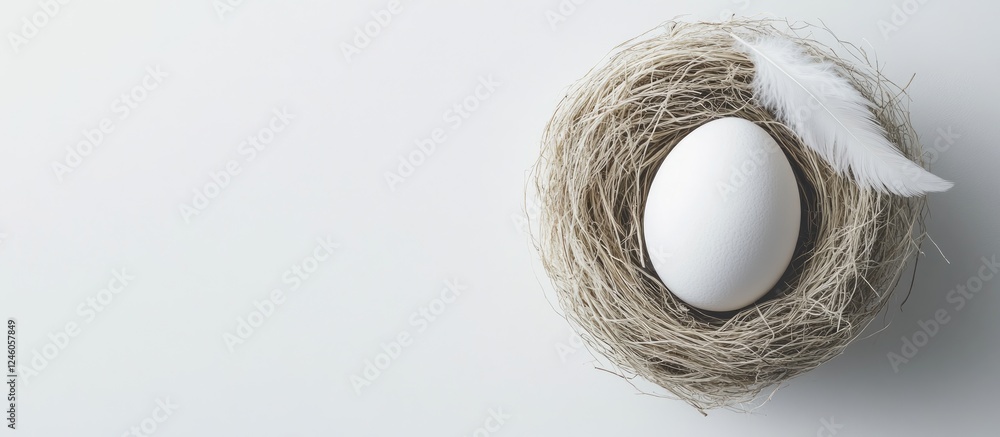 Poster white egg with soft feathers in a natural woven nest on a light gray background viewed from above cr