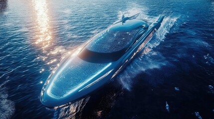 Futuristic yacht glides on the blue ocean at sunset with shimmering details