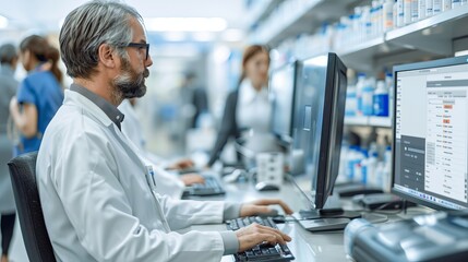 A pharmacist working diligently in a modern pharmacy with computers and medication in the background, showcasing professionalism.