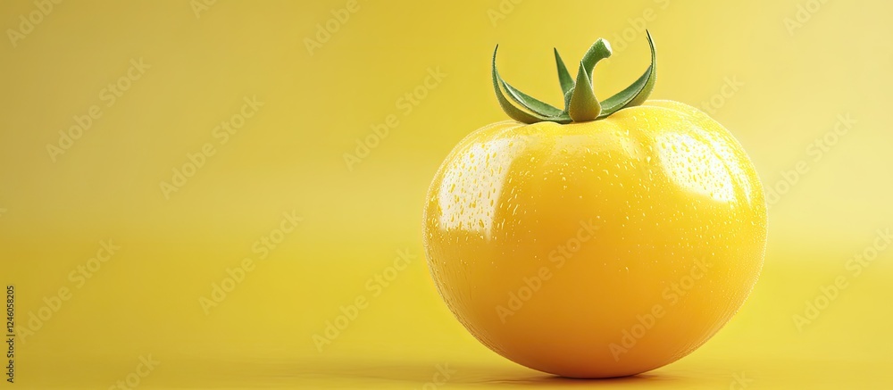 Poster yellow tomato prominently positioned in the foreground against a soft gradient yellow background hig