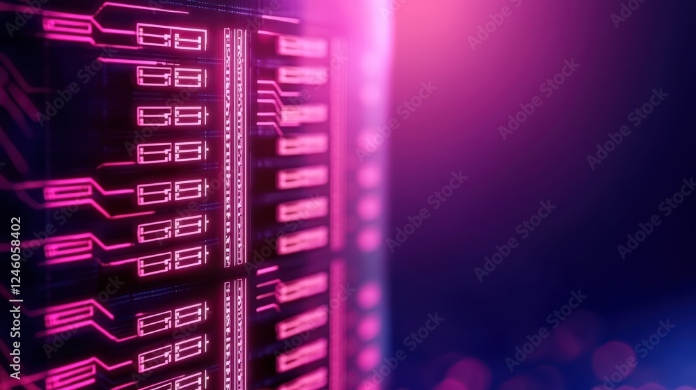Poster digital data storage with neon lights and circuit patterns