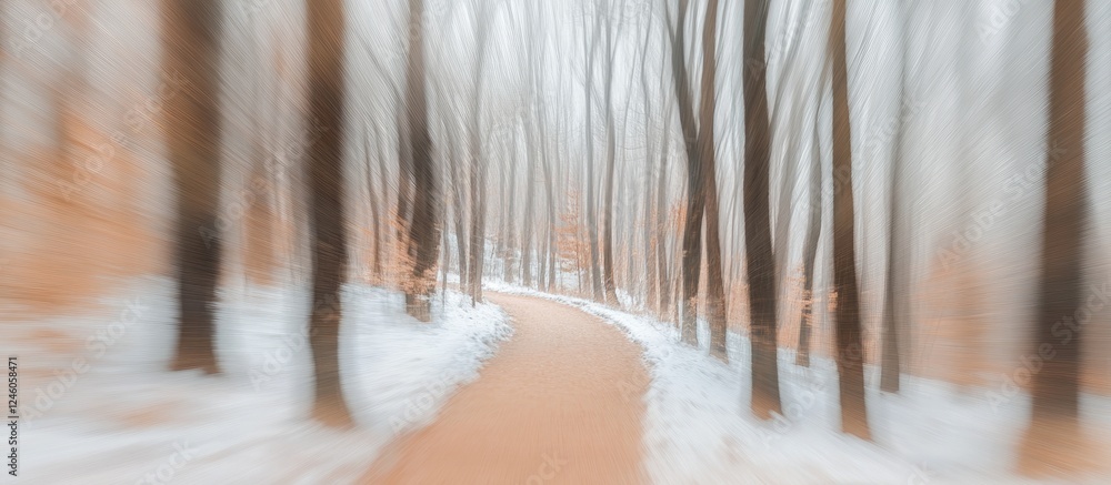 Poster winter forest path with smooth blurred trees in shades of gray and white; warm path curving through 