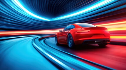 Fototapeta premium Futuristic Red Sports Car in Motion with Neon Light Trails
