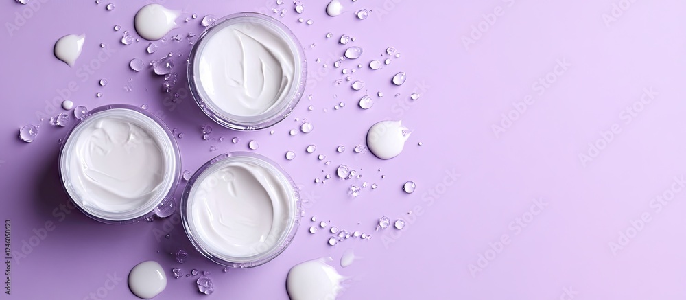 Poster three elegant cream jars on a soft purple background, surrounded by droplets and splashes of liquid,