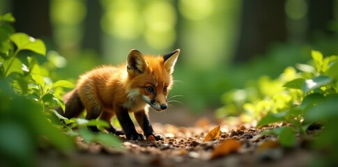 Fototapeta premium A young red fox kit explores the vibrant green undergrowth of a sun-dappled forest, its fur glowing in the warm light.