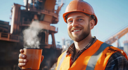 A worker wearing an orange vest and helmet smiles while holding a steaming cup in a sunny construction environment, showcasing a positive attitude