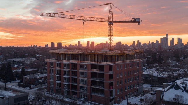 A yellow crane is positioned on top of an apartment building under construction, illuminated by a stunning sunset sky over the city