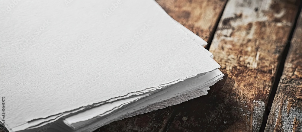 Poster stack of white paper sheets resting on a rustic wooden table with textured surface, showcasing a sub