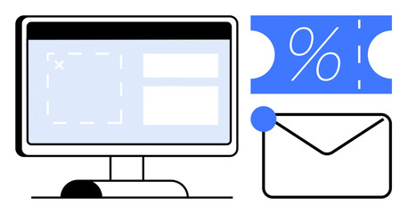 Computer monitor displaying web page, discount coupon with percentage sign, and envelope. Ideal for online marketing, email promotions, digital coupons, e-commerce, customer engagement, business