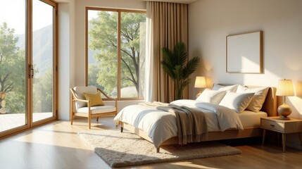 Fototapeta premium Serene Bedroom Sanctuary with Natural Light Streaming Through Large Windows, Featuring a Comfortable Bed and a Relaxing Seating Area