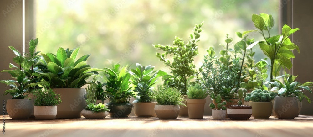 Aufkleber indoor plants arranged in various pots placed on a wooden floor with soft natural light filtering in