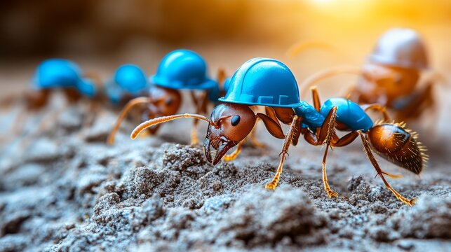 Ants in blue helmets work diligently on a sandy terrain during dusk - Powered by Adobe