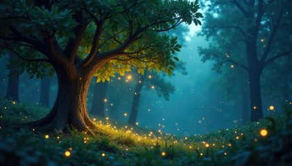 Twinkling fireflies in a forest clearing with a magical tree, whimsical, sparkly, forest