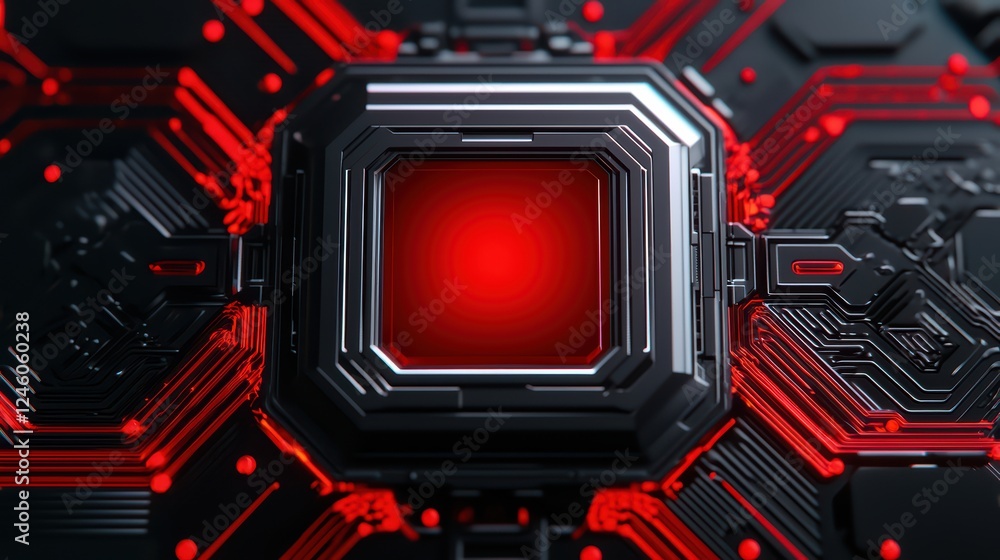 Poster abstract technology background with red circuit and processor design
