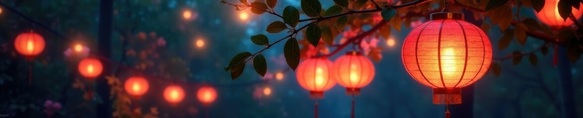 Obraz premium Twinkling lanterns shine amidst the tree foliage, paper, foliage, branch