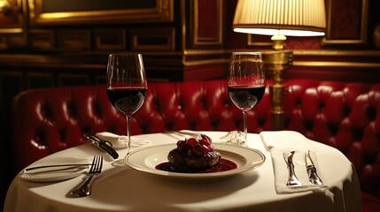Romantic fine-dining steak dinner, red wine, plush booth