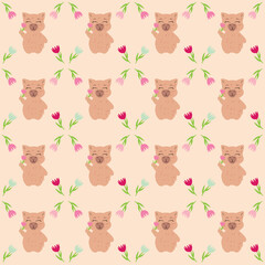 Seamless pattern featuring capybaras with flowers on a soft beige background. Perfect for fabric, wrapping paper, gift packaging, wallpapers, greeting cards