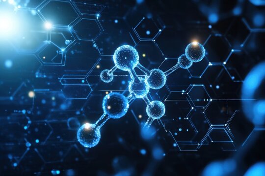 Molecular Structure Visualization with Blue and Hexagonal Patterns