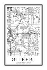 Printable downtown road map poster of the USA city of GILBERT on solid white background with city name