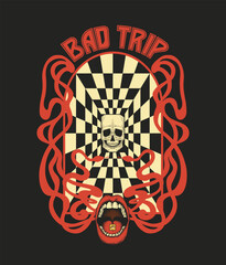 skull with snakes , open mouse, psychedelic illustration, t-shirt print, poster, optical illusion, BAD TRIP