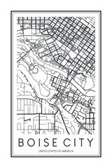 Printable downtown road map poster of the USA city of BOISE CITY on solid white background with city name