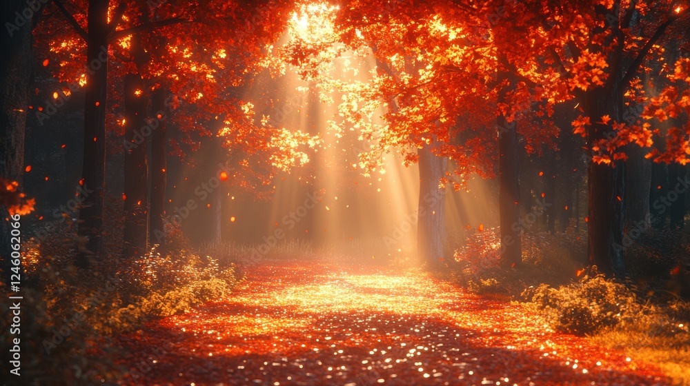Wall mural path through lush forest with bright light shining through trees and soft dreamy transitions