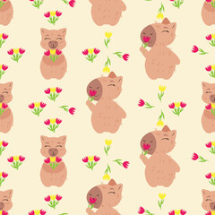 Seamless pattern with capybaras holding flowers on a soft beige background. Ideal for fabric, gift wrapping, greeting cards, wallpapers, and feminine-themed designs