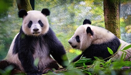 Fototapeta premium Playful and Cuddly Two Years Old Giant Pandas Frolicking in the Chengdu Forest Reserve at Dawn, Showcasing the Soft White Fur, Endearing Black Patches, and Adorable Personalities of these