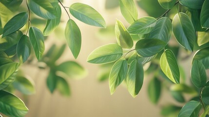 Fototapeta premium Lush green leaves against a neutral backdrop. Vibrant tropical foliage.