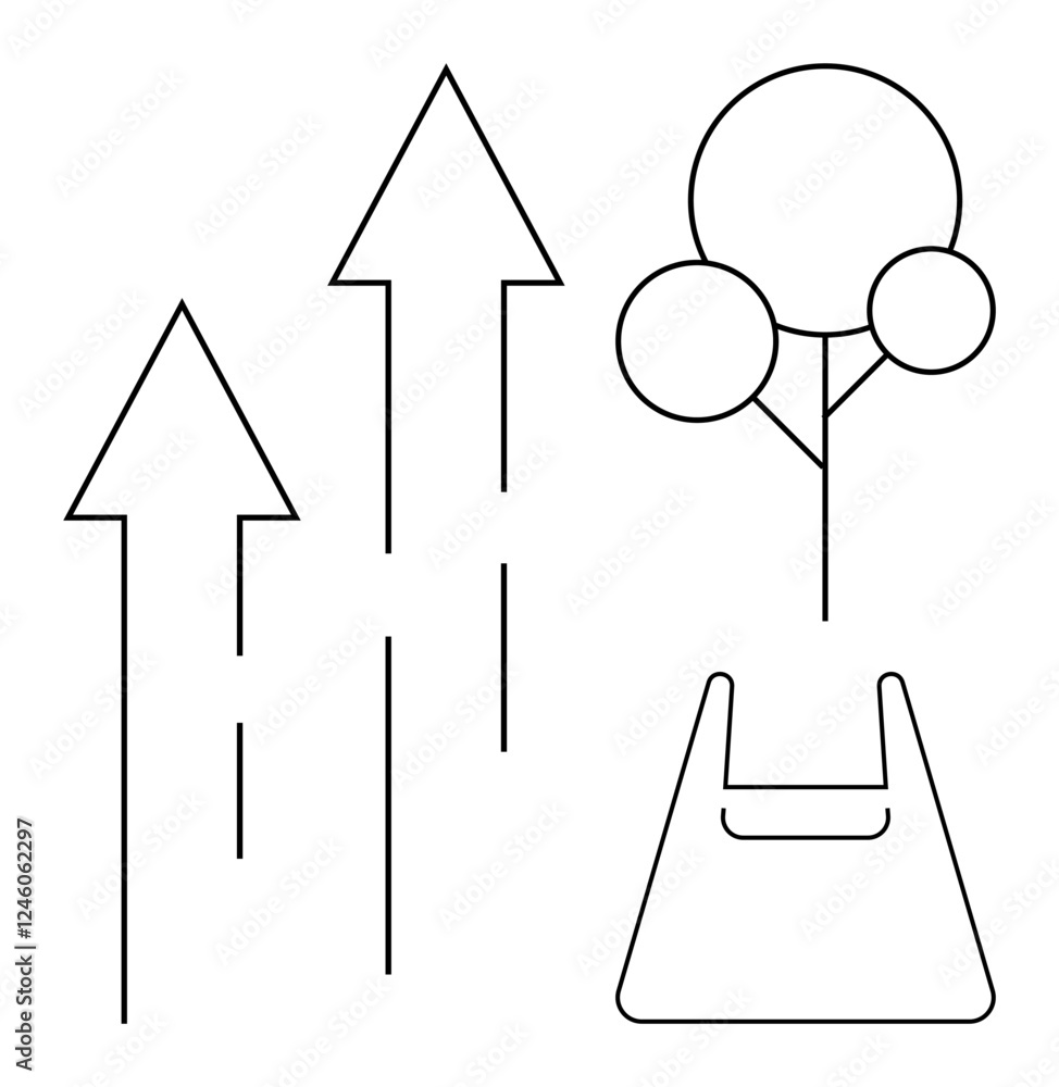 Poster three upward arrows, tree with circles as foliage, and shopping bag using simple black lines. ideal 