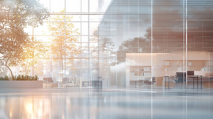 Modern office corridor with glass walls and vibrant sunlight streaming in during sunset abstract light bokeh at office interior background.