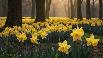 Daffodil Dream: A breathtaking field of daffodils blossoms under the soft glow of morning light, nestled amongst ancient trees in a misty forest. The scene evokes a sense of serenity and wonder.