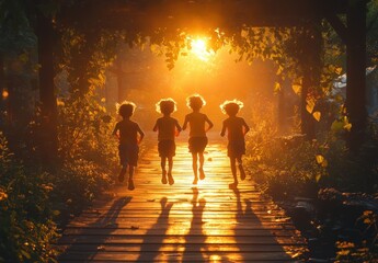 Fototapeta premium children playing outside friends happy summer lifestyle joy meadow park kids running
