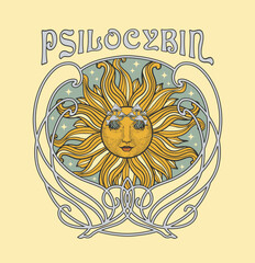 sun with mushrooms instead of eyes, psychedelic print on a t-shirt in the style of the 70s, psilocybin