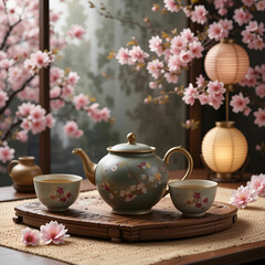 Fototapeta premium Teapot with some cups on a table with cherry blossoms in the background.