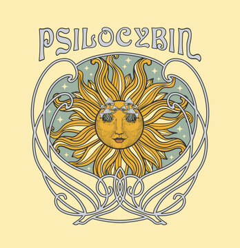 sun with mushrooms instead of eyes, psychedelic print on a t-shirt in the style of the 70s, psilocybin