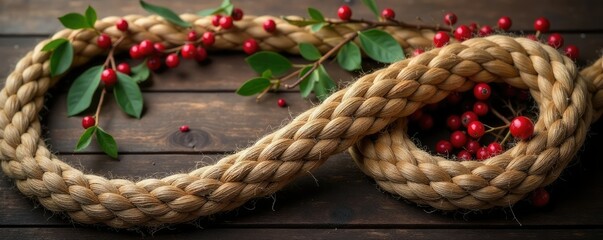 Obraz premium Twisted rope and berry garland on a wooden table, twist, rustic