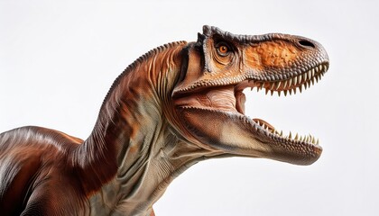 Striking Isolated Portrait of a Tyrannosaurus Rex Against a White Background, Displaying Power and Majesty, Perfect for Digital Art, Home Decor, or Design Inspiration