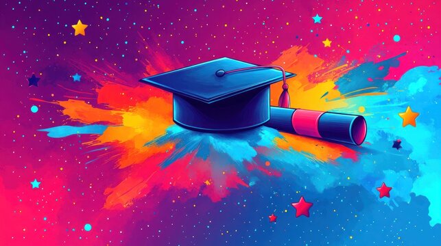 Graduation cap, diploma, colorful splash, stars, celebration