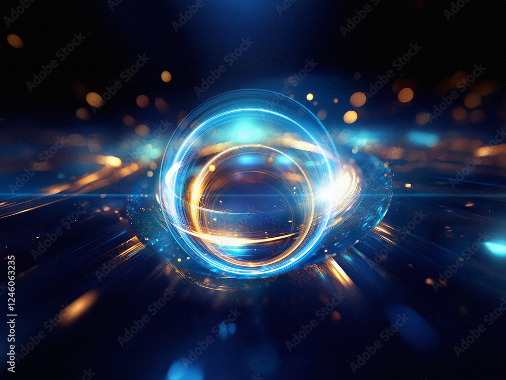 Aufkleber glowing golden and blue rings swirl in a dark, abstract space, illuminated by bright sparks and boke