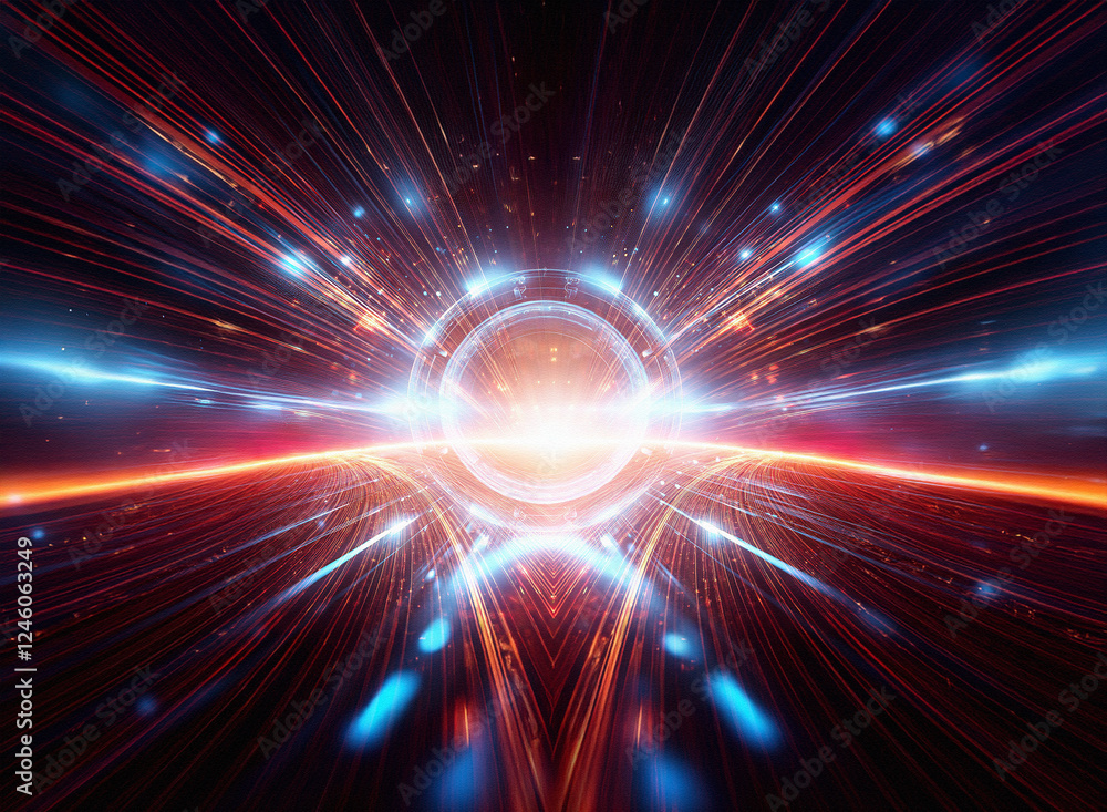 Poster A mesmerizing abstract image depicting a glowing blue circular portal surrounded by radiating light streaks against a dark background.  The scene evokes a sense of futuristic speed and energy.