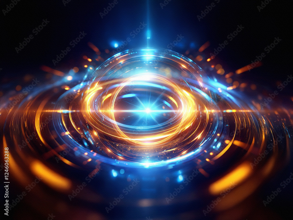 Poster intricate concentric metallic rings glow with vibrant blue and orange light, creating a mesmerizing,