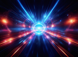 Obraz premium A vibrant blue energy core radiates light streaks across a black background, creating a futuristic, dynamic visual. The central circle glows intensely.