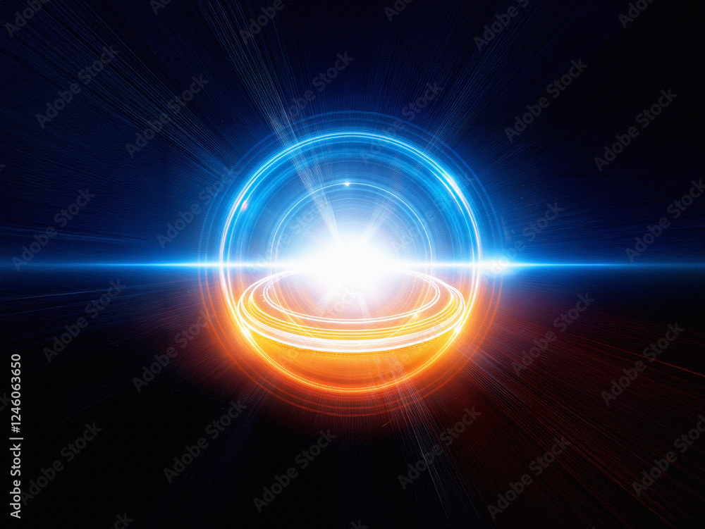 Poster abstract image of concentric glowing rings in blue and orange hues, intersected by a bright horizont