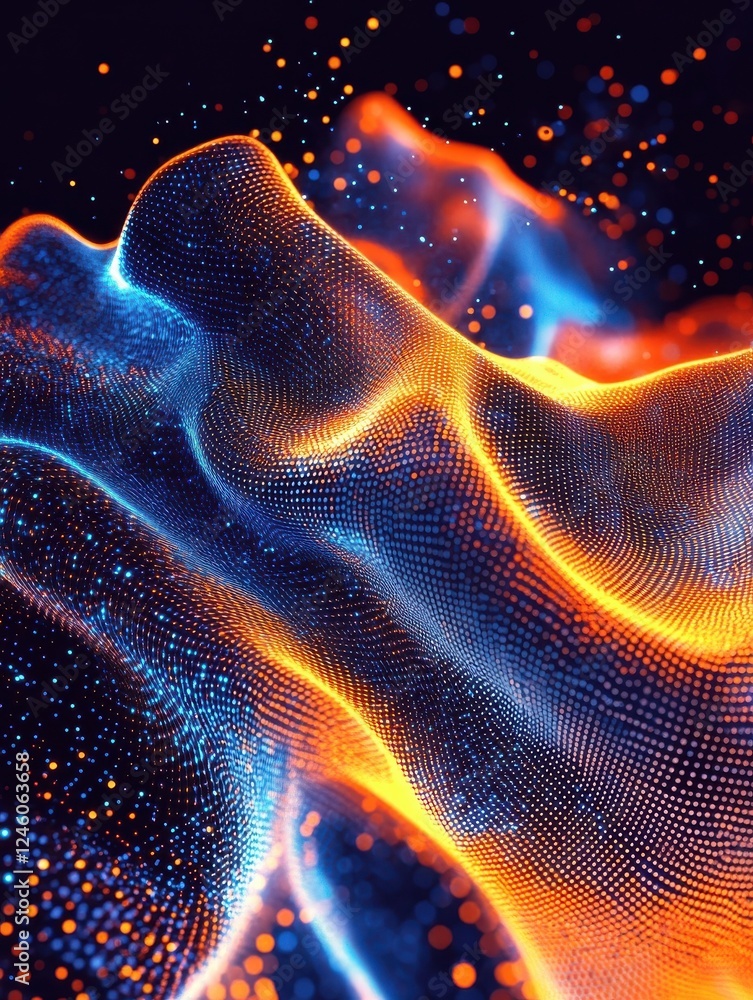 Poster glowing digital wave with vibrant orange and blue lights represents machine learning algorithm visua