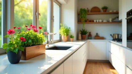 Bright Sunlight Illuminates a Modern Kitchen with Vibrant Pink Flowers in a Wooden Planter on a Windowsill